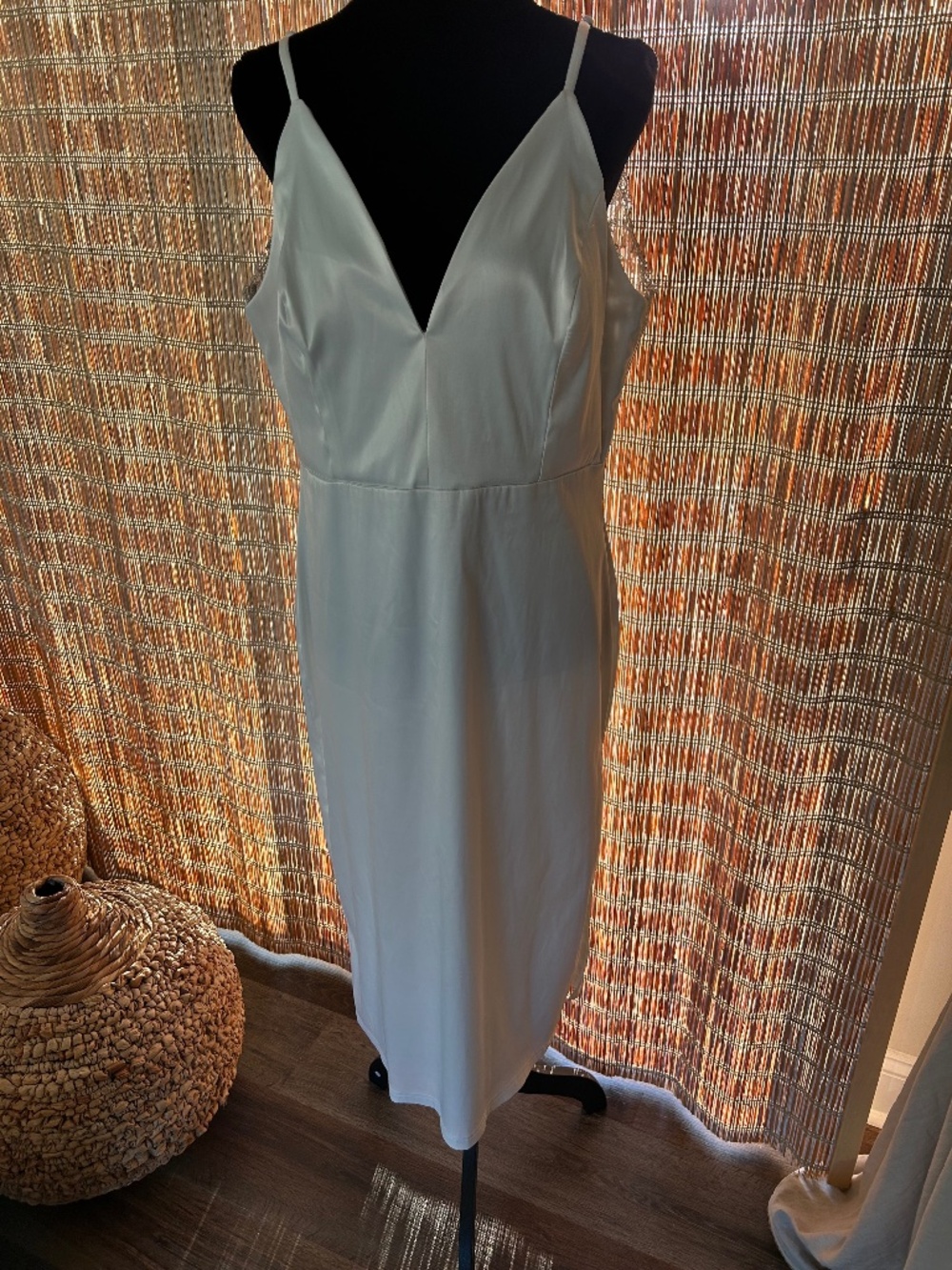 Lulu's Ivory Satin V-Neck Spaghetti-Strap Wedding Midi Dress
